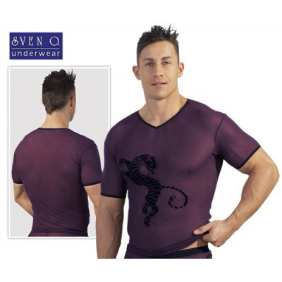 T-SHIRT VIOLA ATTILLATA IN TESSUTO SEMITRASPARENTE CON TIGRE